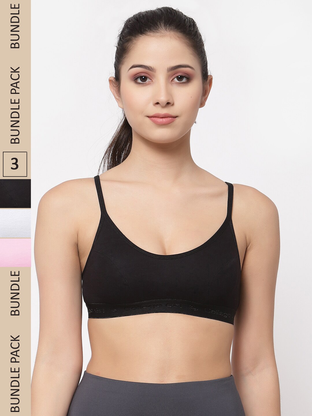 

College Girl Pack Of 3 Cotton Non Padded High Support All Day Comfort Sports Bra, White