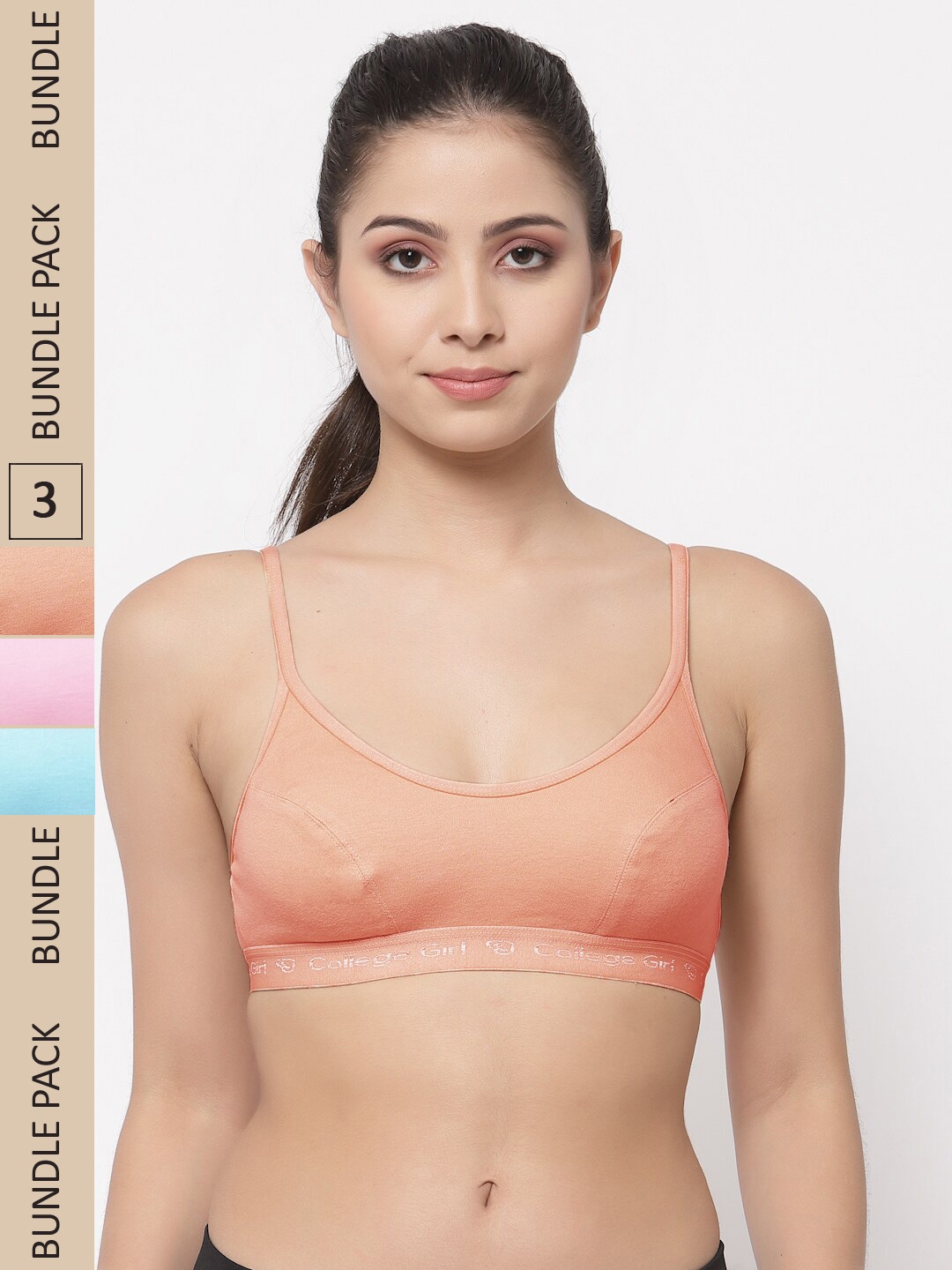 

College Girl Pack Of 3 Cotton Non Padded High Support All Day Comfort Sports Bra, Peach