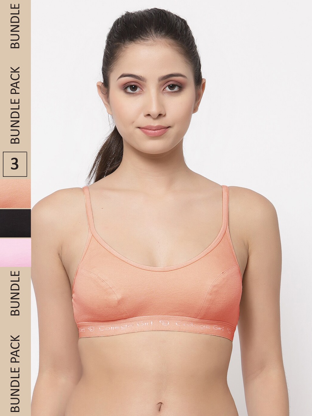 

College Girl Pack Of 3 Non Padded Full Coverage All Day Comfort Cotton Sports Bra, Peach