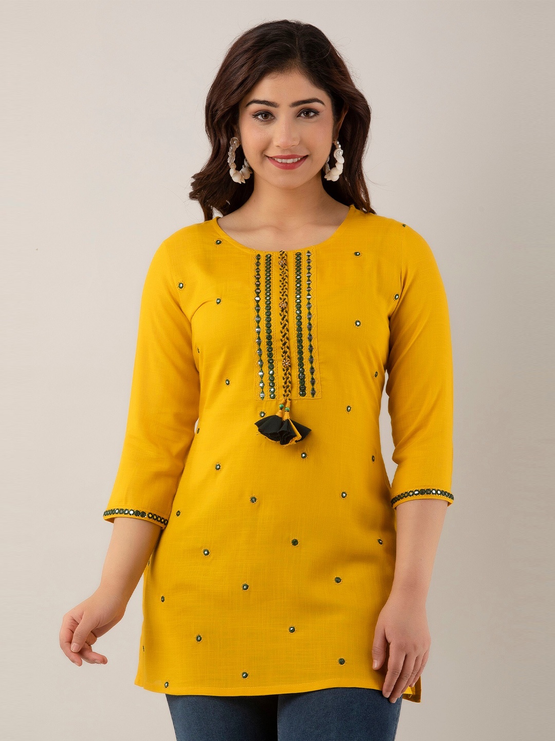 

Charu Geometric Embroidered Mirror Work Kurti, Mustard