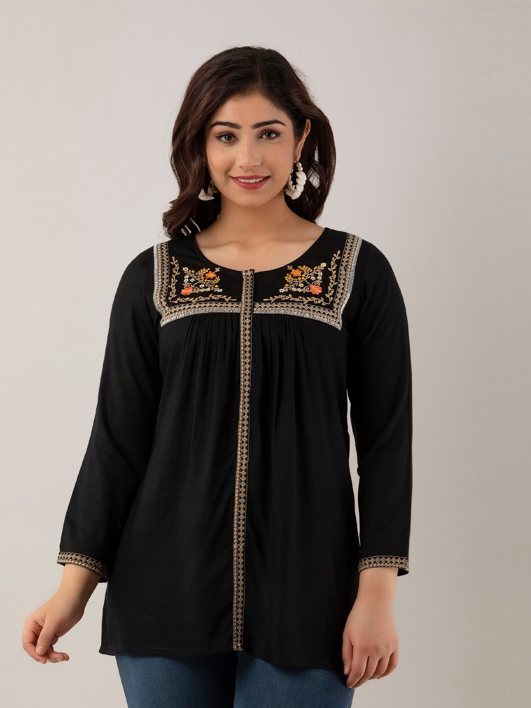 

Charu Ethnic Motifs Embroidered Zari Detail Top, Black