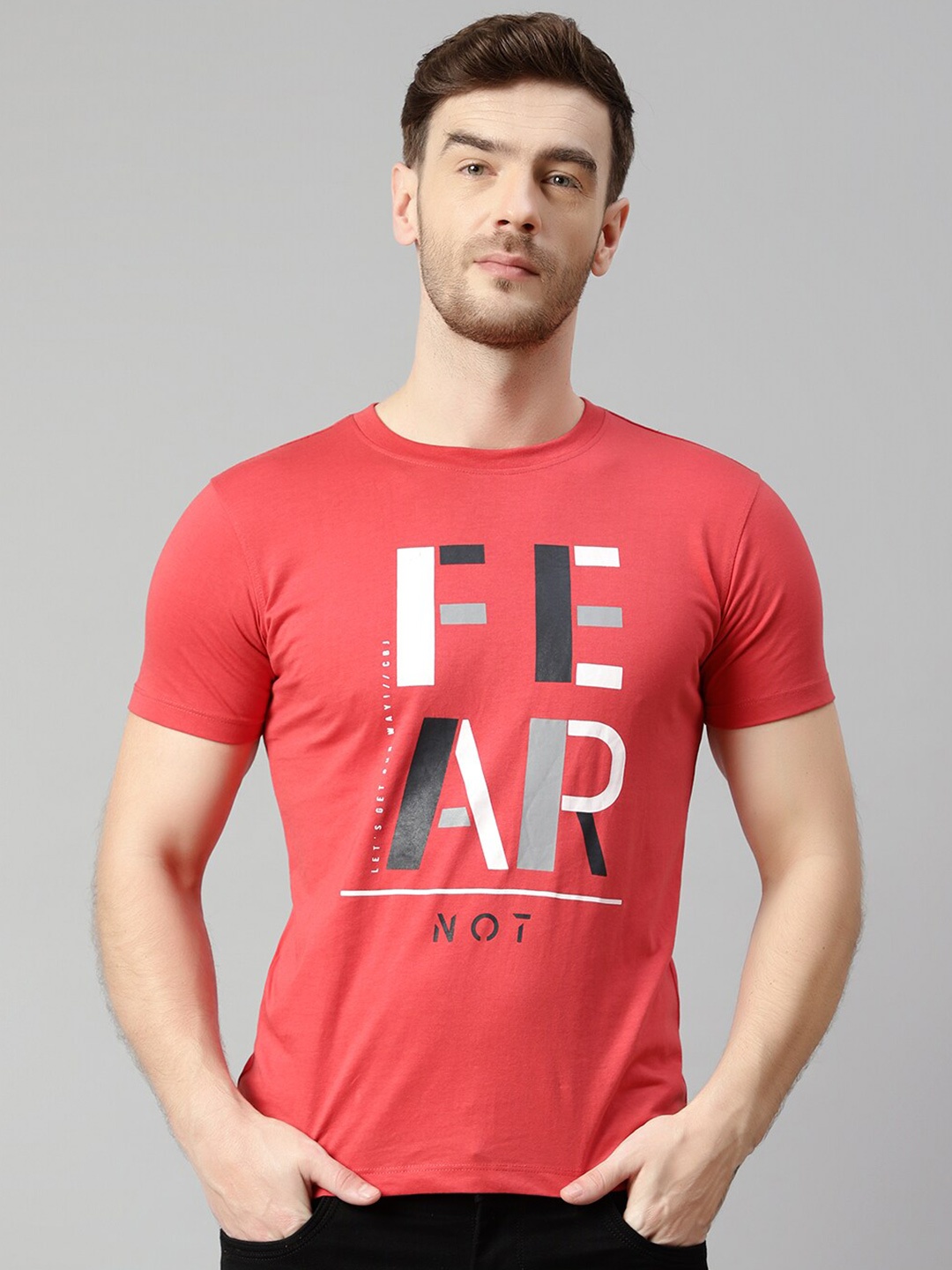 

Cantabil Typography Printed Round Neck Cotton T-shirt, Coral