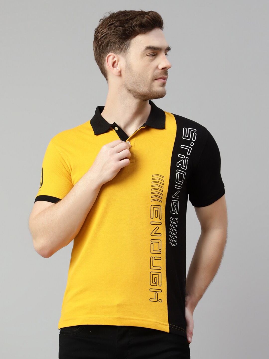

Cantabil Typography Printed Polo Collar Cotton T-shirt, Mustard