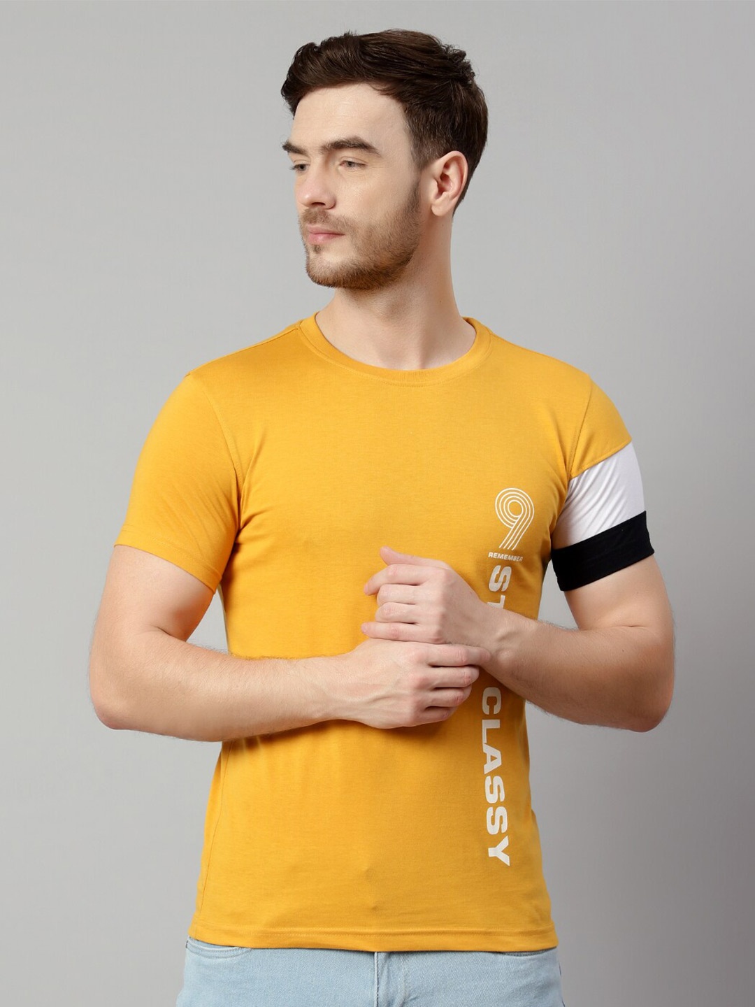 

Cantabil Typography Printed Cotton T-shirt, Mustard