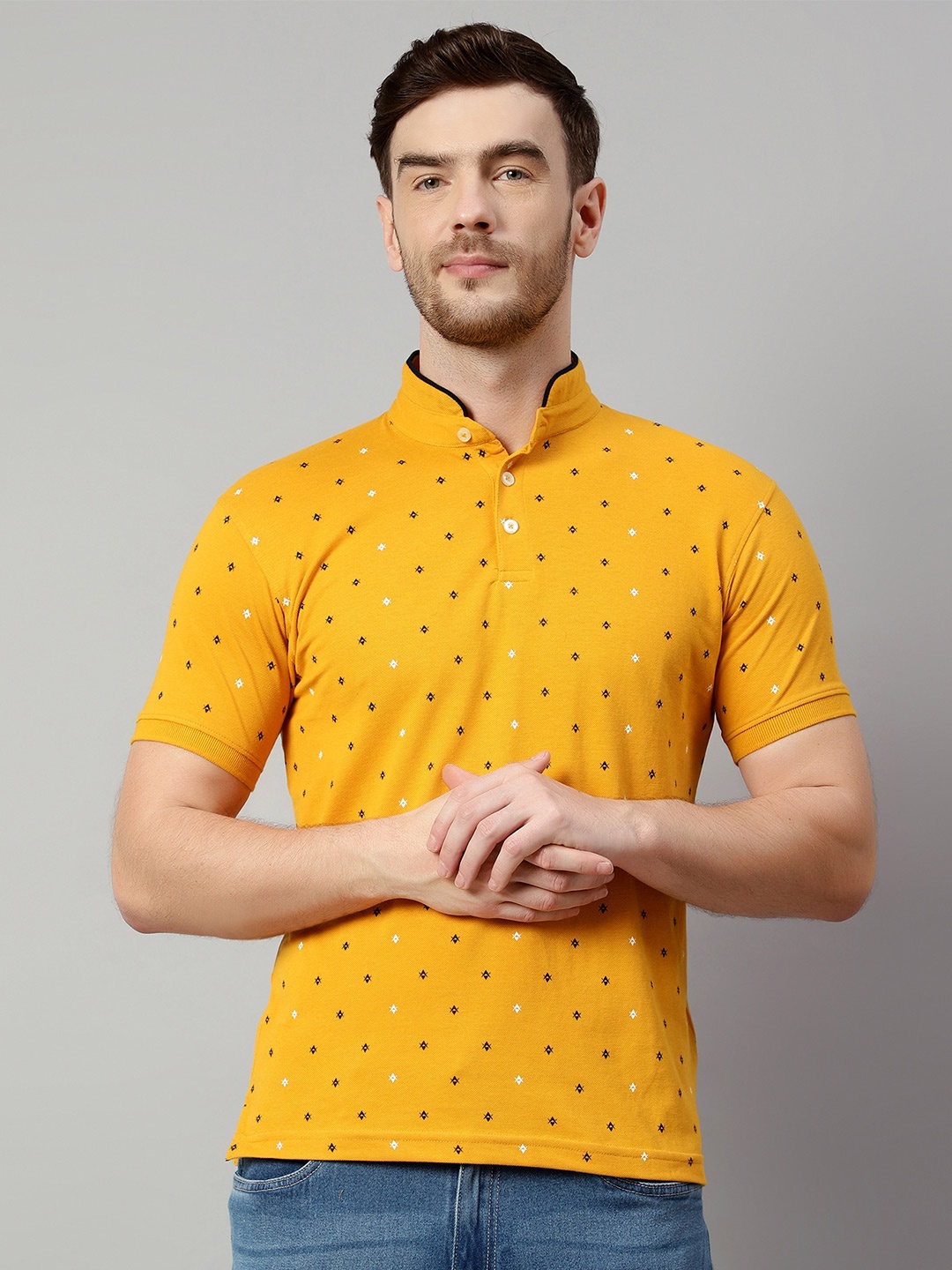 

Cantabil Geometric Printed Polo Collar T-shirt, Mustard