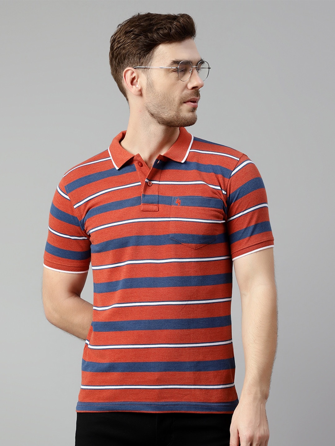 

Cantabil Striped Short Sleeve Polo Collar Cotton T-shirt, Rust