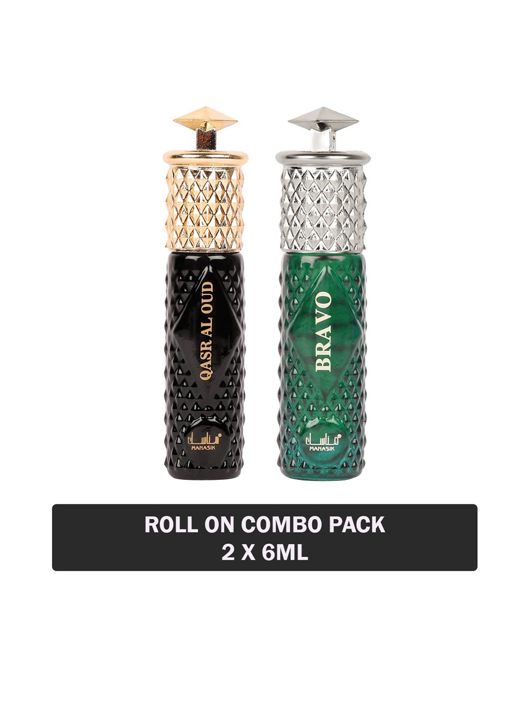 

MANASIK Set of Qasr Al Oud & Bravo Long-Lasting Roll-On Attar - 6 ml each, Black