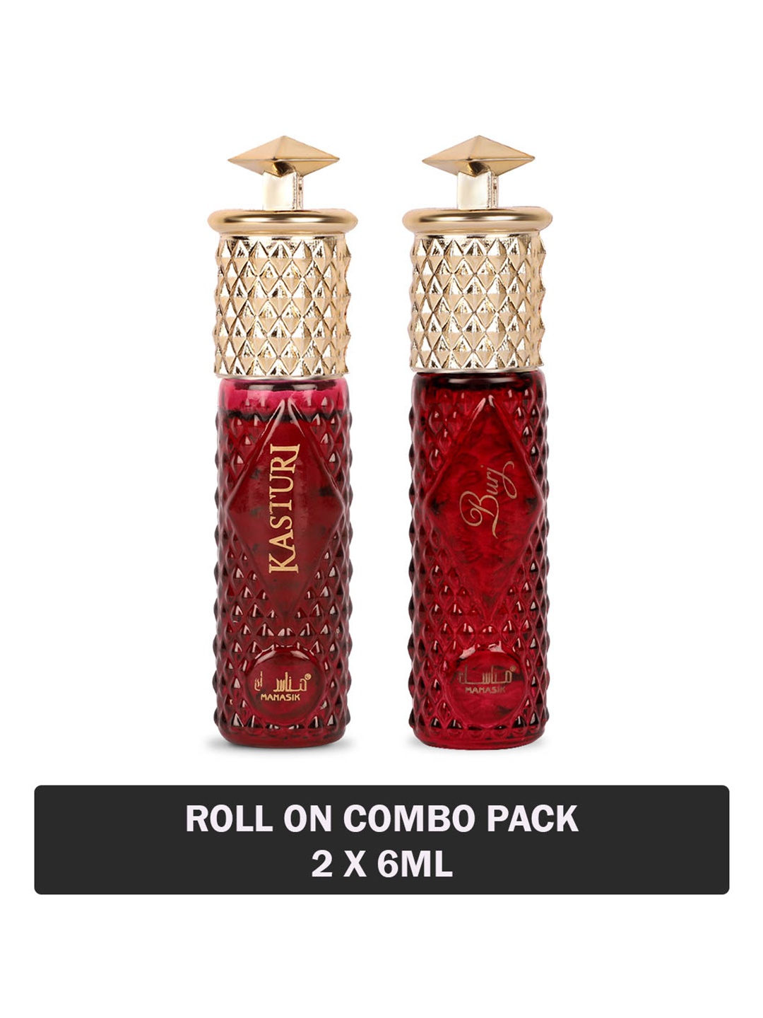 

MANASIK Set Of 2 Long Lasting Attars - 6 ml Each - Kasturi & Burj, Red