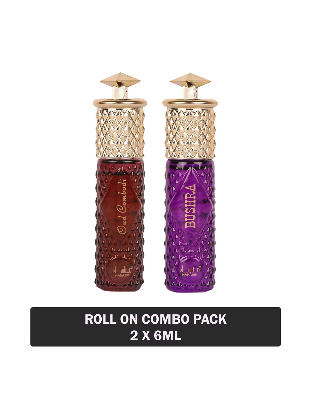 

MANASIK Set Of 2 Long Lasting Attars - 6 ml Each - Oud Combodi & Bushra, Purple