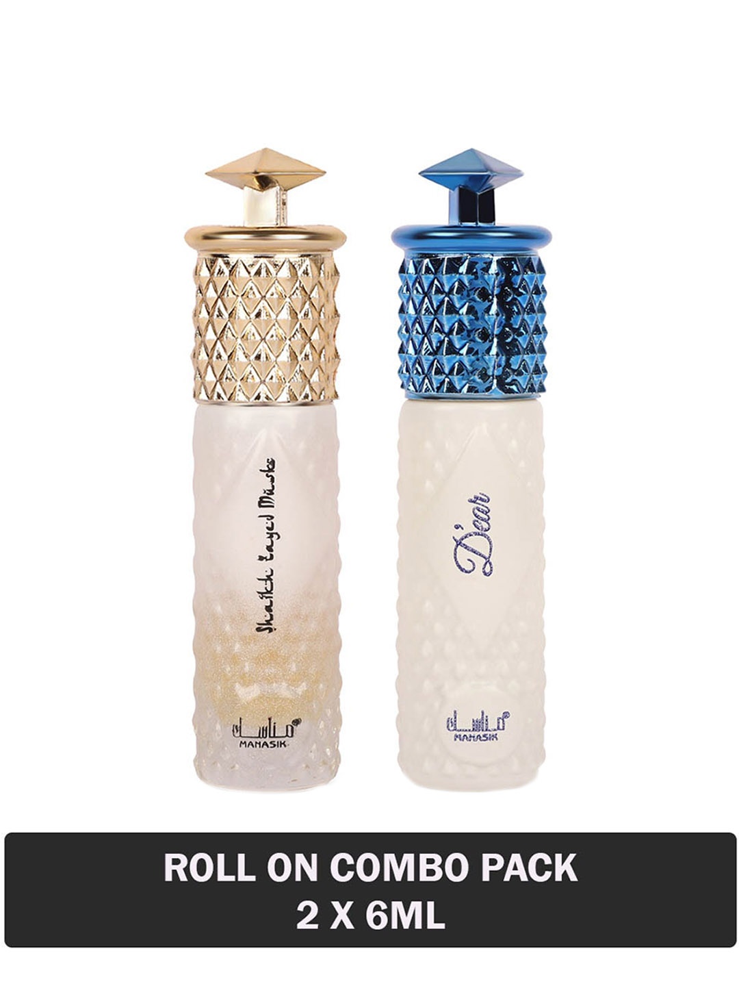 

MANASIK Set Of 2 Long Lasting Attars - 6 ml Each - Shaikh Zayed Musk & D'ear, Gold