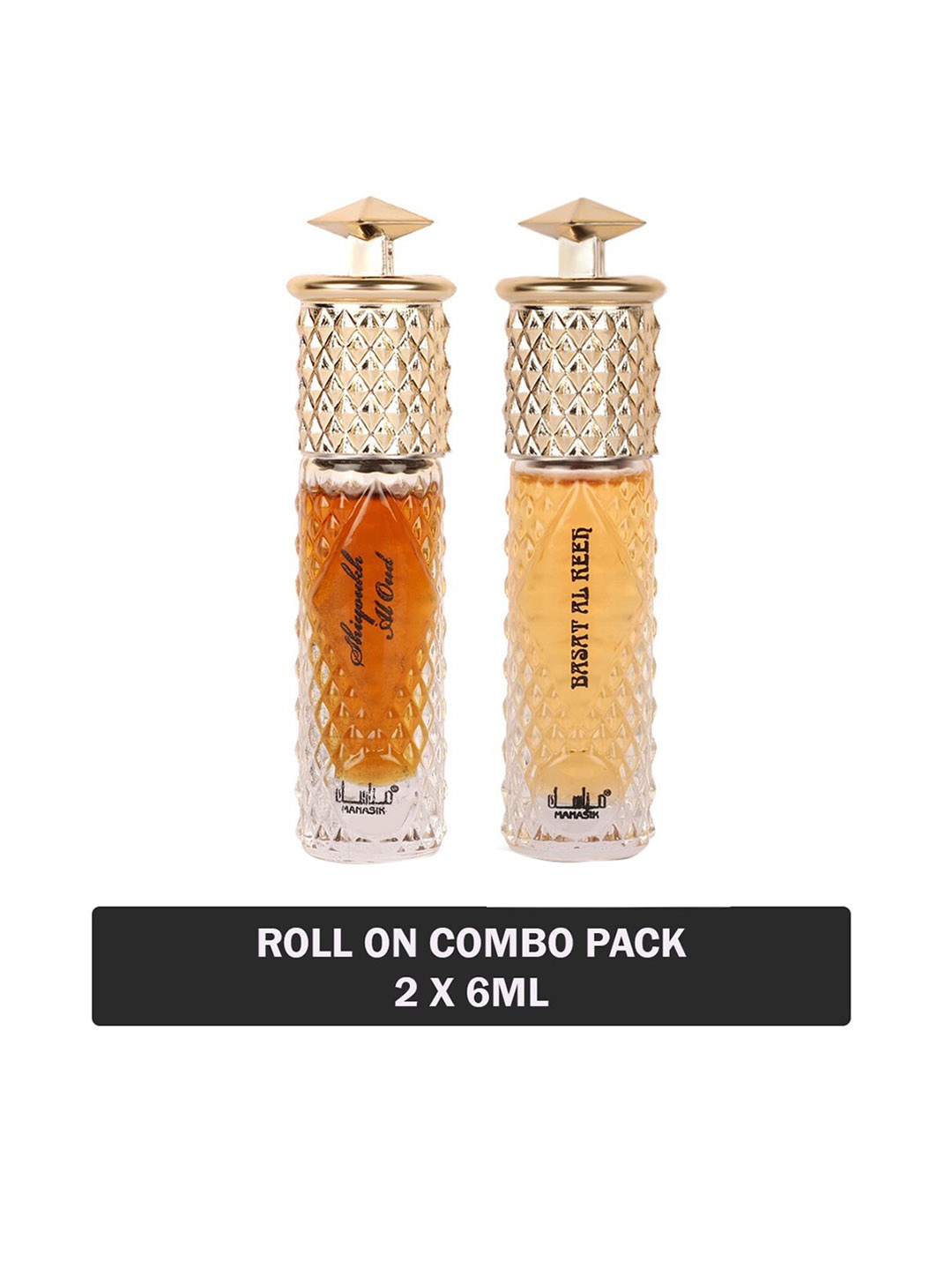 

MANASIK Men Set Of 2 Long-Lasting Roll-On Attars 6ml Each- Shiyoukh Al Oud & Basat Al Reeh, Orange