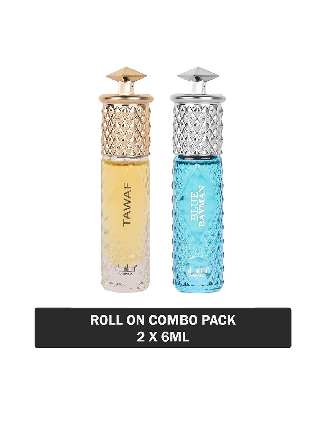 

MANASIK Set Of 2 Long Lasting Attars - 6 ml Each - Tawaf & Blue Bayman, Yellow
