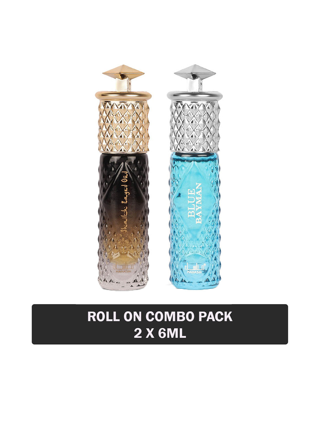 

MANASIK Men Set Of 2 Long Lasting Attars - 6 ml Each - Shaikh Zayed Oud & Blue Bayman