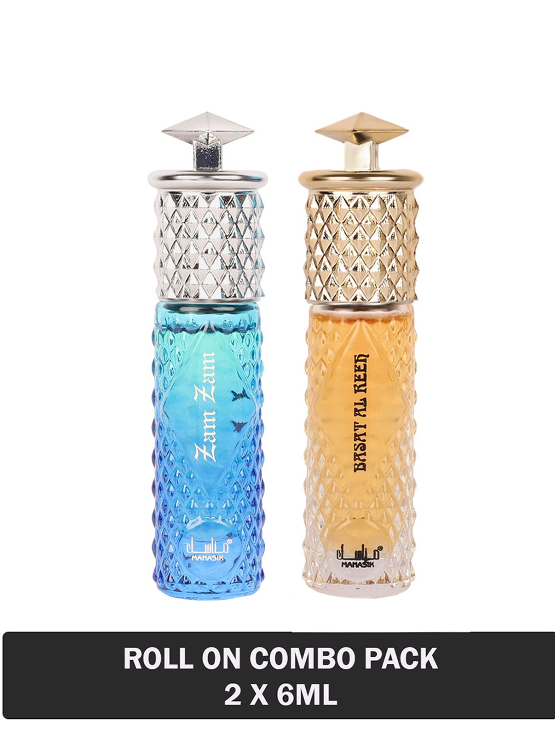 

MANASIK Men Set Of 2 Long Lasting Attars - 6 ml Each - Zam Zam For Unisex & Basat Al Reeh, Blue