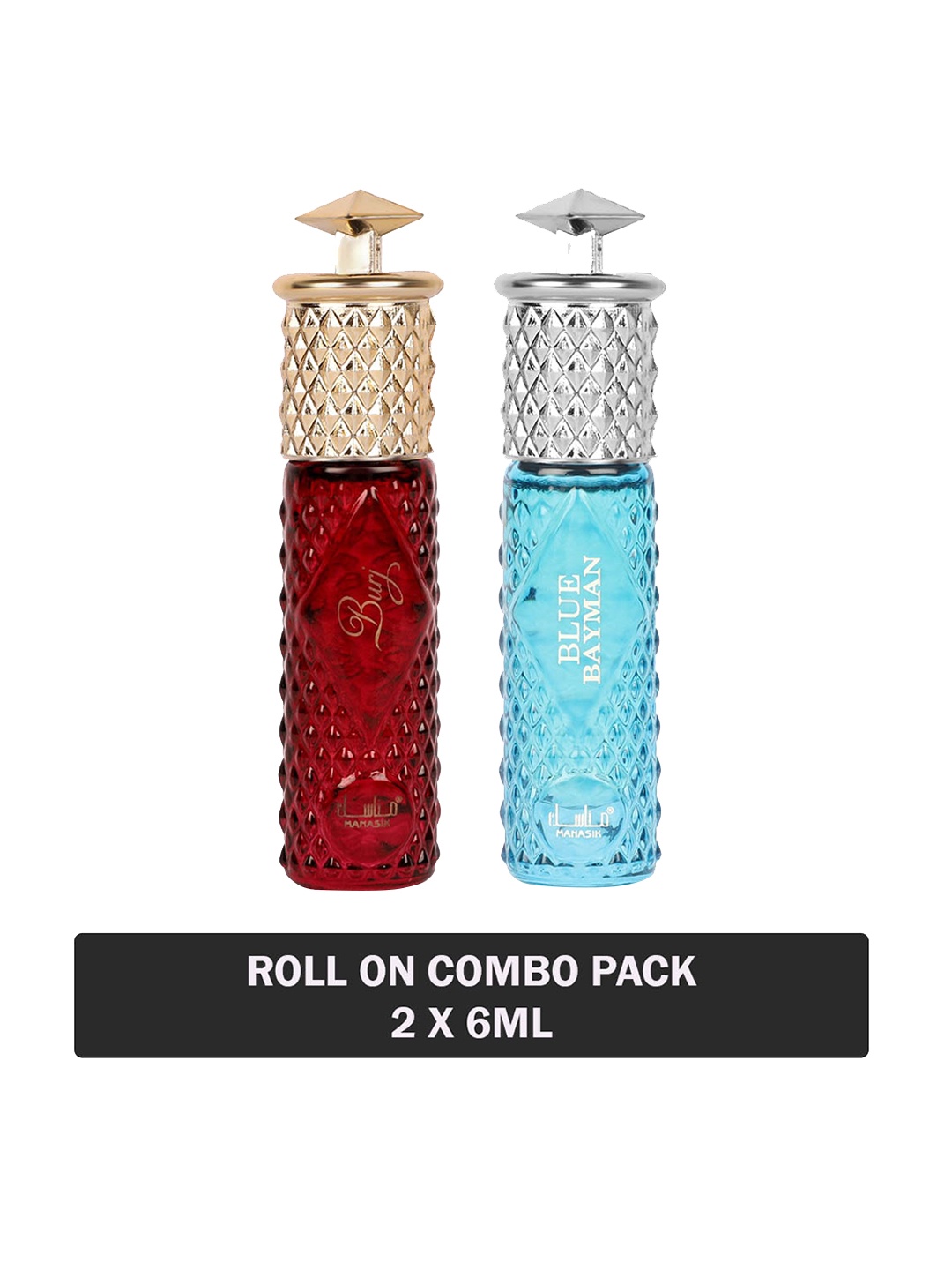 

MANASIK Men Set Of 2 Long Lasting Attars - 6 ml Each - Burj & Blue Bayman, Red