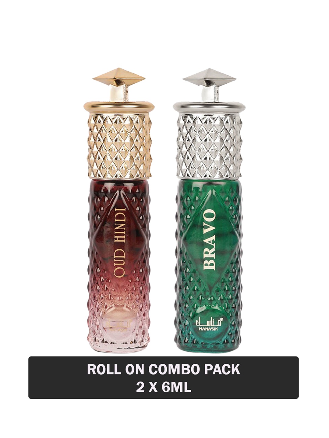

MANASIK Set Of 2 Long Lasting Attars 6 ml Each - Oud Hindi & Bravo, Transparent