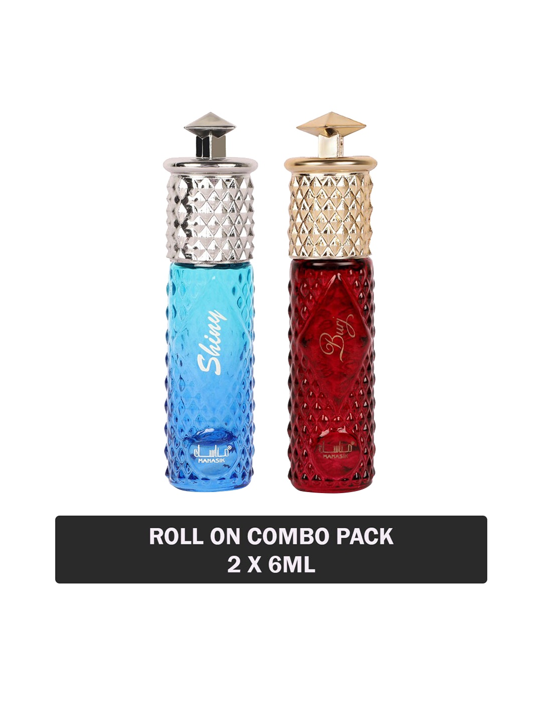 

MANASIK Set Of 2 Long Lasting Attars 6 ml Each - Shiny Blue & Burj, Transparent
