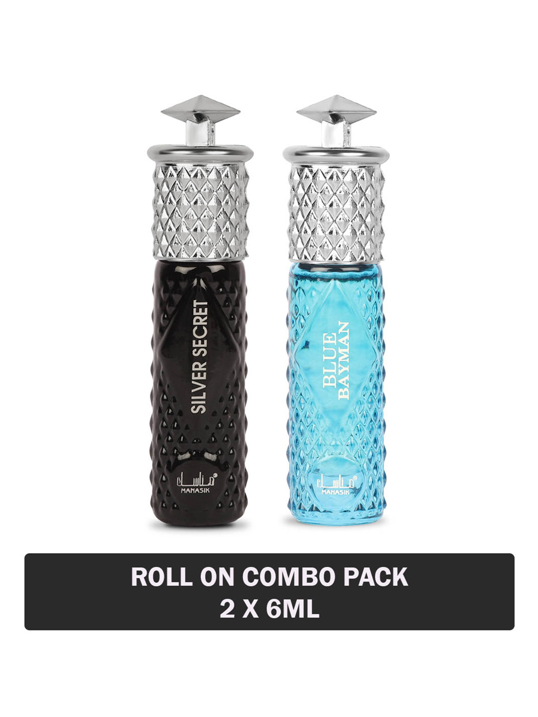 

MANASIK Set Of 2 Long Lasting Attars 6 ml Each - Silver Secret & Blue Bayman, Transparent