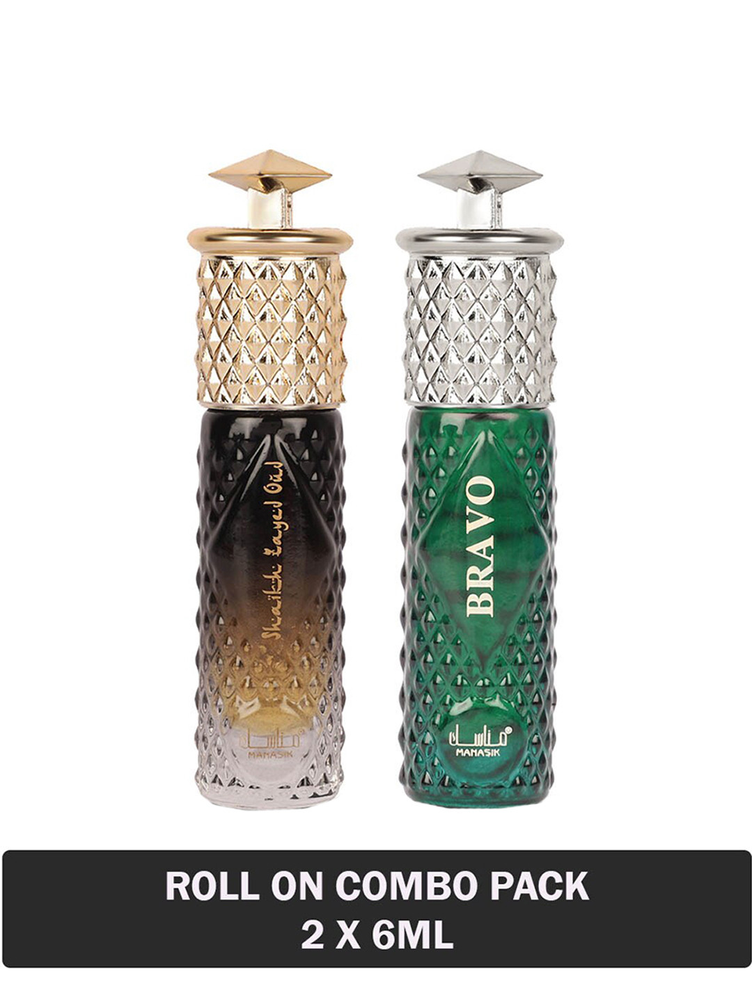 

MANASIK Men Set of Shaikh Zayed Oud & Bravo Long Lasting Attars - 6 ml Each, Green