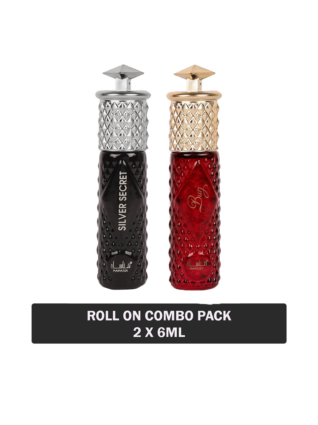 

MANASIK Set Of 2 Long Lasting Attars - 6 ml Each - Silver Secret & Burj, Red