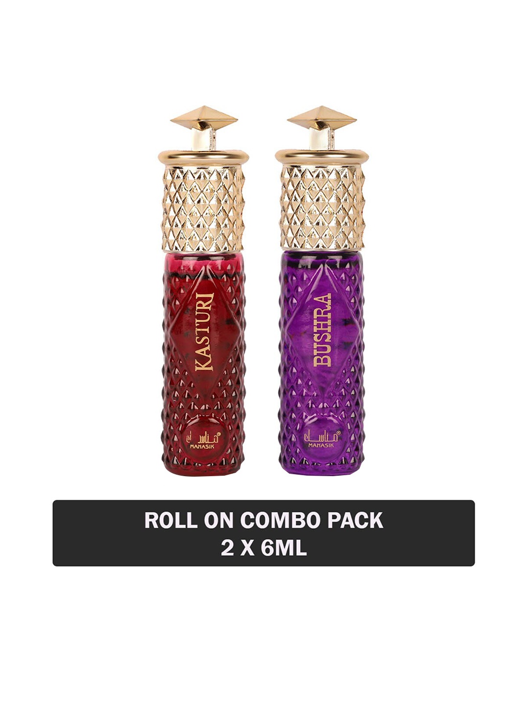 

MANASIK Set Of 2 Long Lasting Attars - 6 ml Each - Kasturi & Bushra, Purple