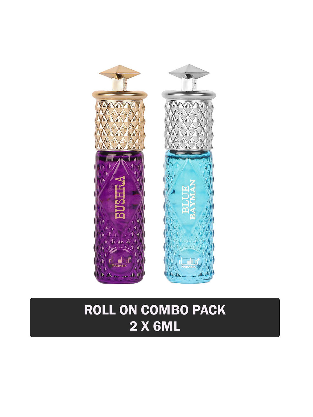 

MANASIK Set Of 2 Long Lasting Attars - 6 ml Each - Bushra & Blue Bayman, Purple