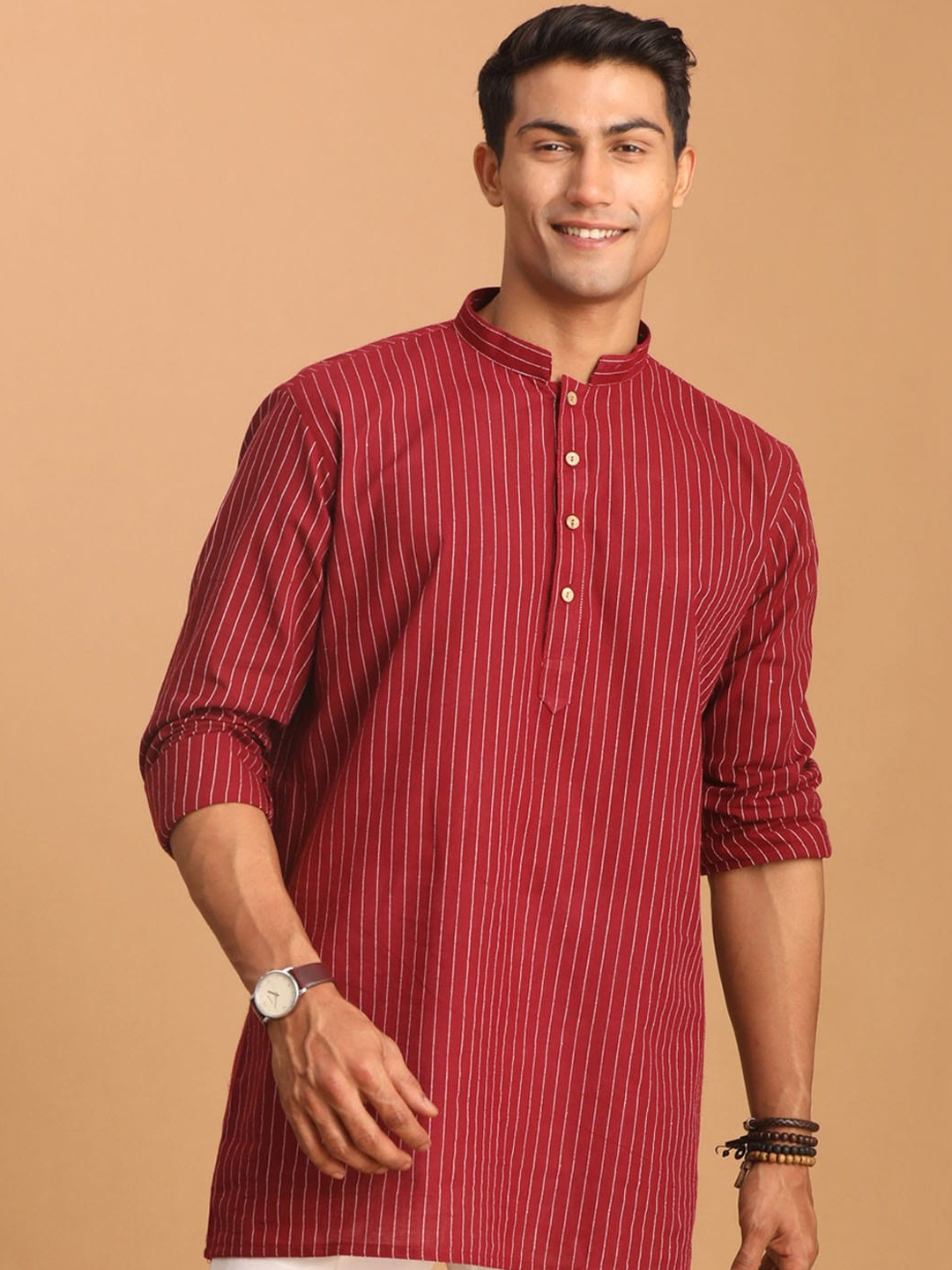 

VASTRAMAY Striped Mandarin Collar Cotton Straight Sustainable Kurta, Maroon