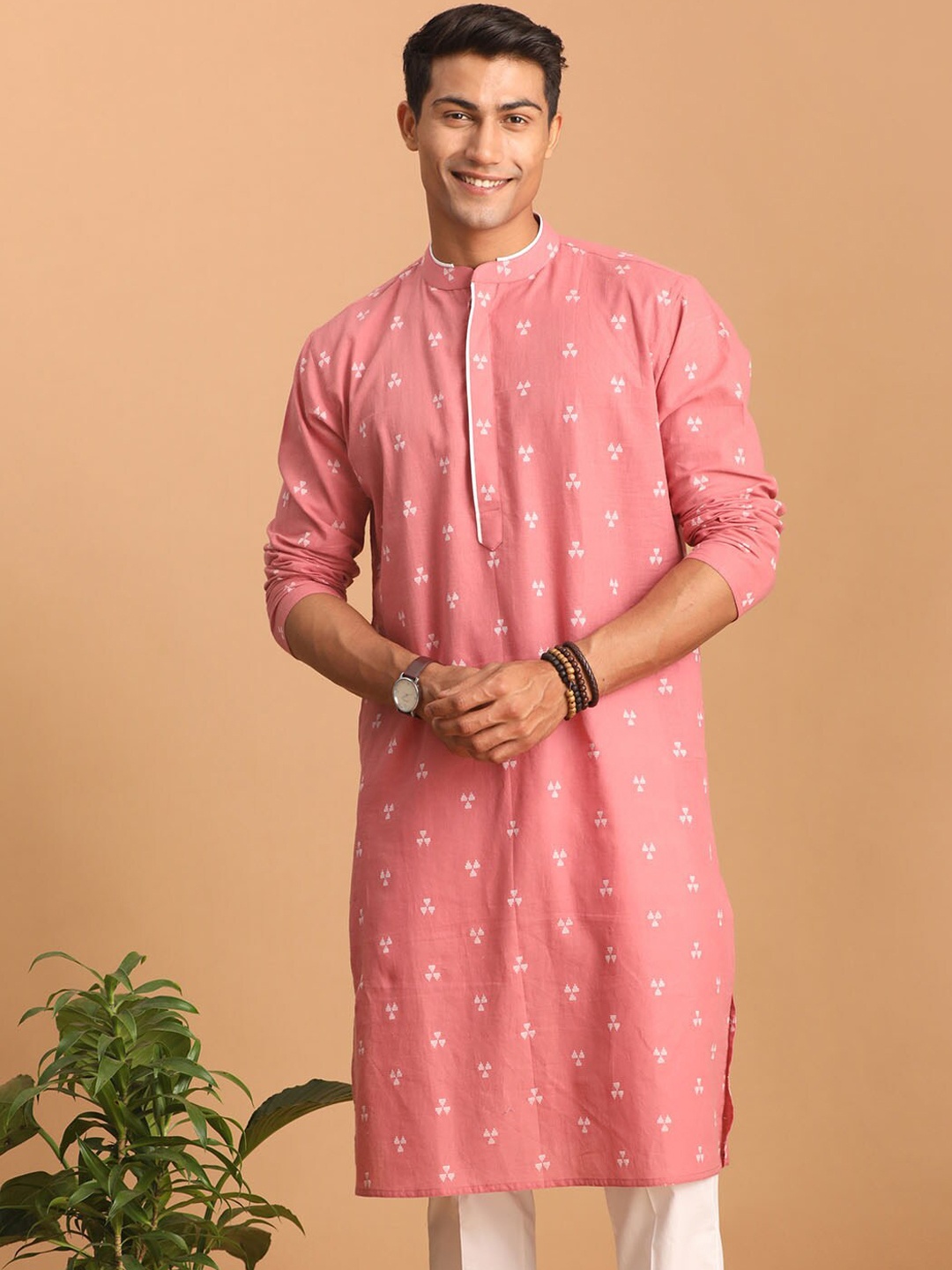 

VASTRAMAY Geometric Printed Mandarin Collar Pure Cotton Kurta, Pink