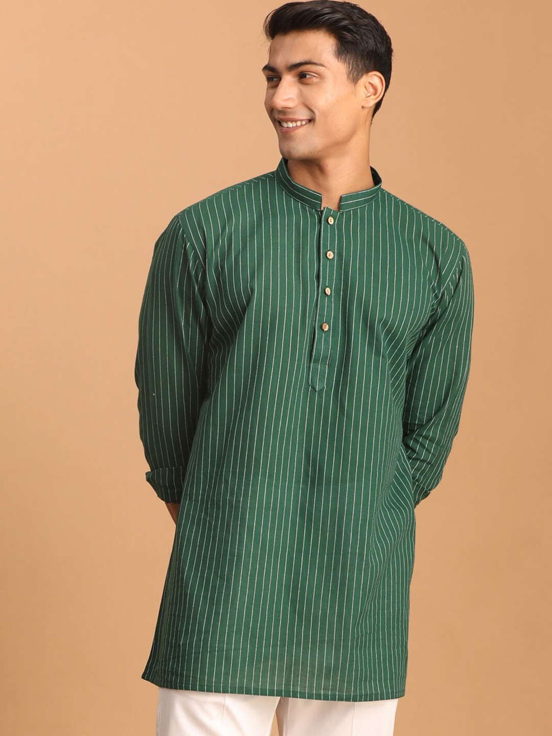 

VASTRAMAY Striped Jacquard Cotton Sustainable Kurta, Green