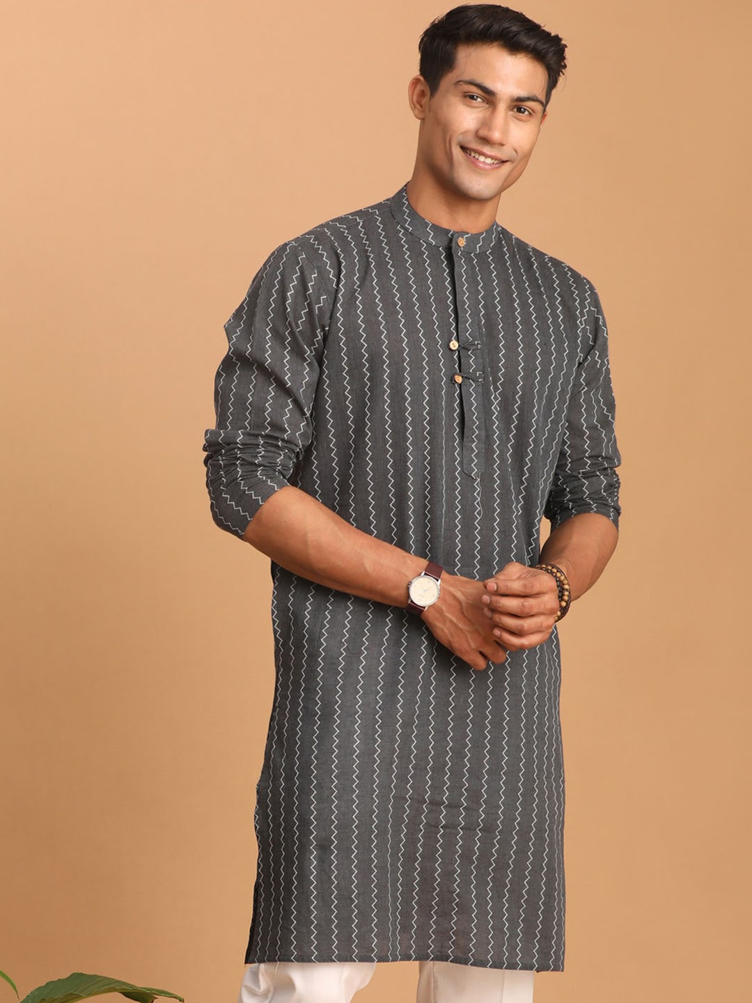 

VASTRAMAY Striped Mandarin Collar Pure Cotton Kurta, Grey