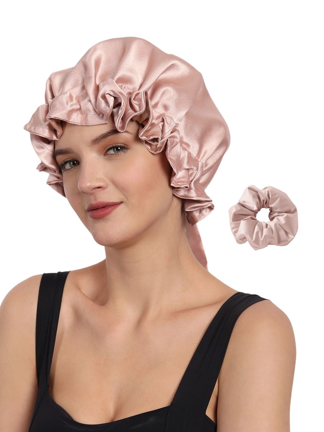 

Mueras Women Fabric Hair Bonnet Sleep Cap Scrunchie Combo, Rose gold