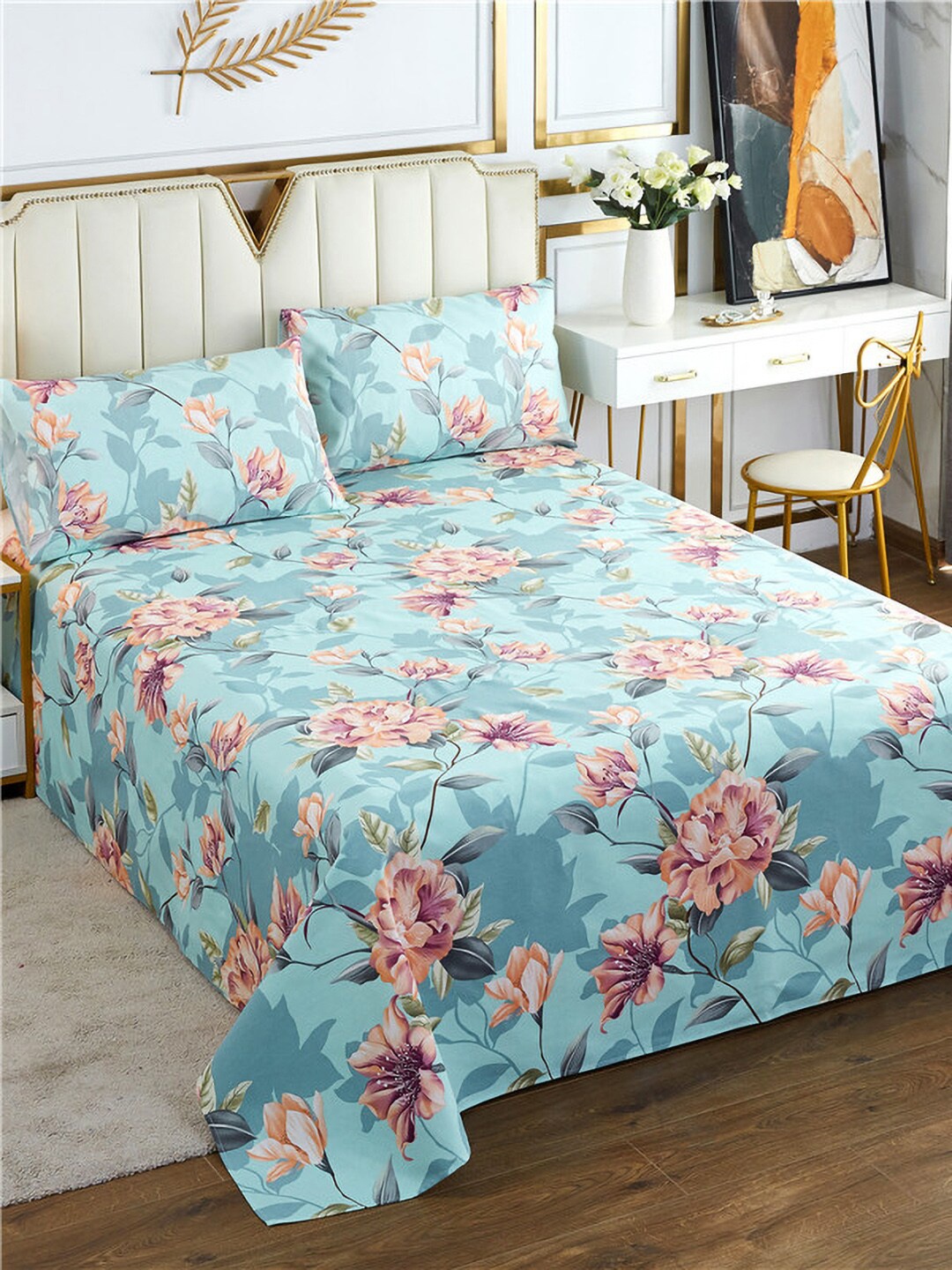 

JC HOME Blue & Brown Floral Printed 186 TC Cotton Queen Bedsheet & 2 Pillow Covers