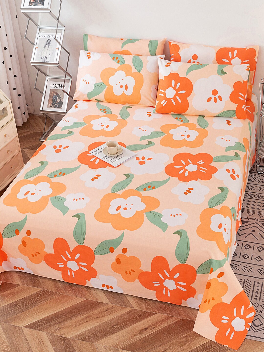 

JC Collection Orange & Green Floral Printed 220 TC Cotton King Bedsheet & 2 Pillow Covers