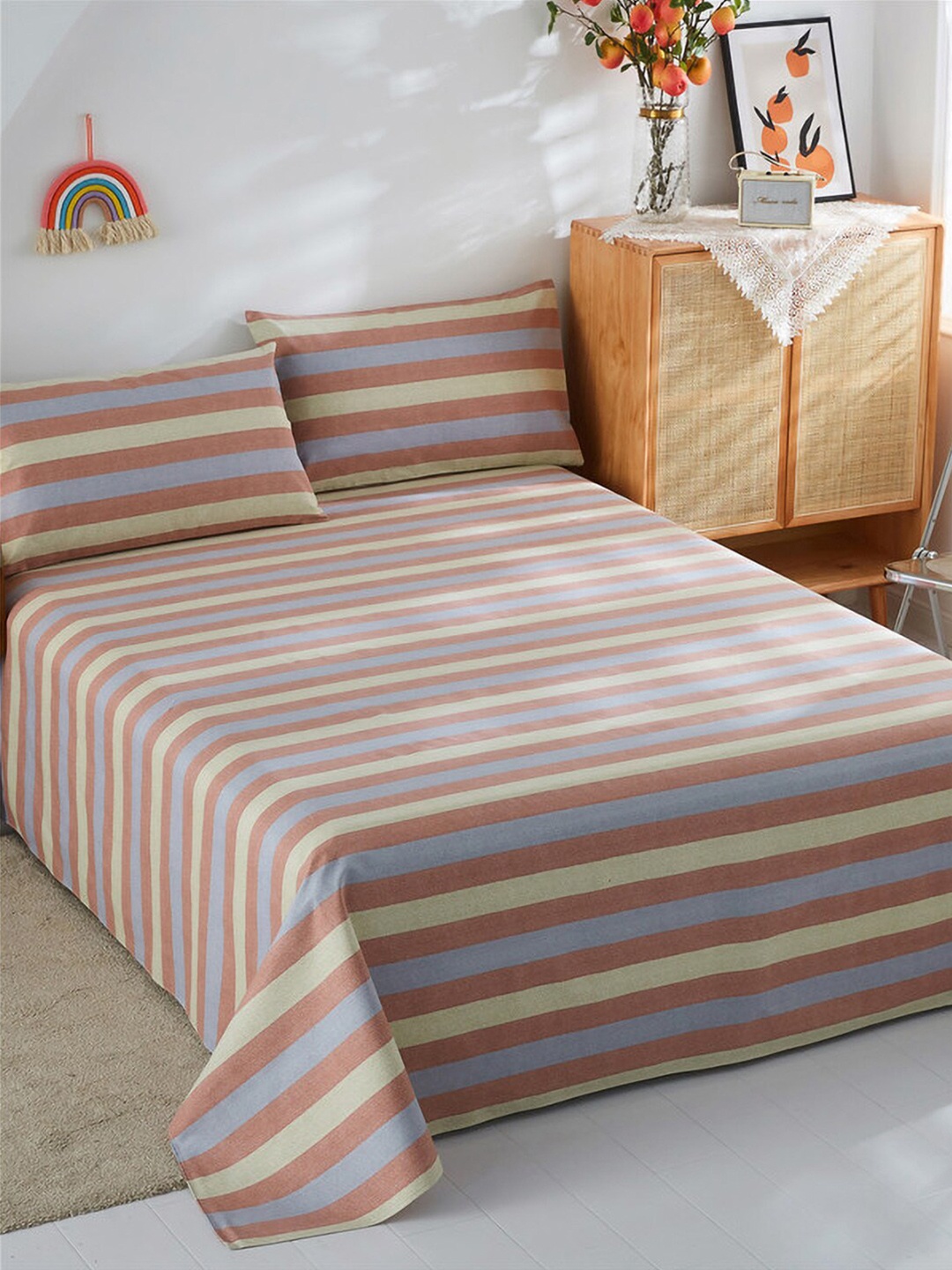 

JC Collection Brown & Cream-Coloured Striped 186 TC Cotton King Bedsheet & 2 Pillow Covers
