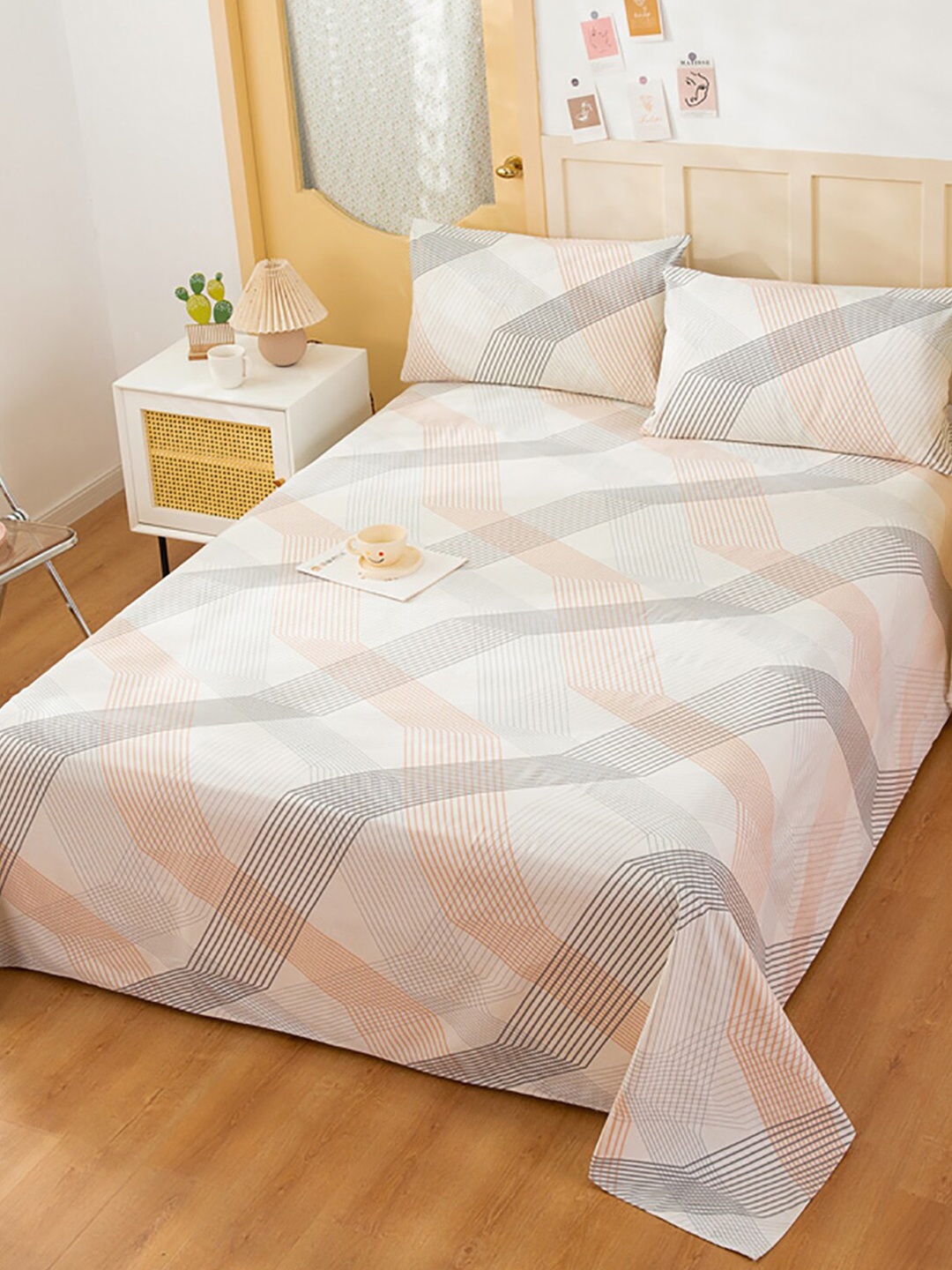 

JC HOME Beige Striped 186 TC Cotton Queen Bedsheet & 2 Pillow Covers