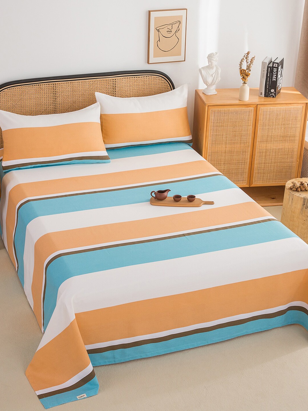 

JC HOME White & Orange Striped 220 TC Pure Cotton Queen Bedsheet & 2 Pillow Covers