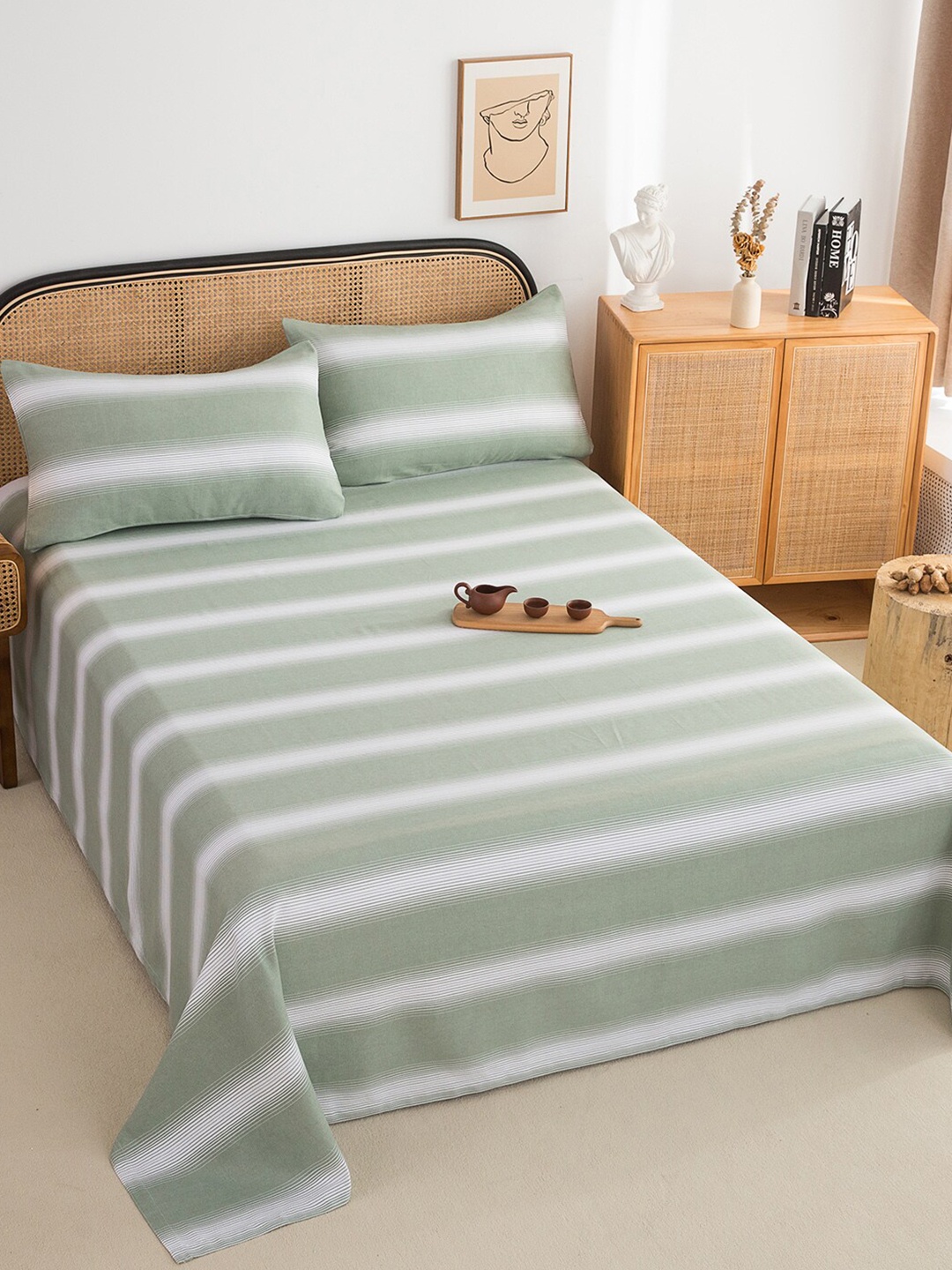 

JC Collection Green & White Striped 220 TC Cotton King Bedsheet & Pillow Covers
