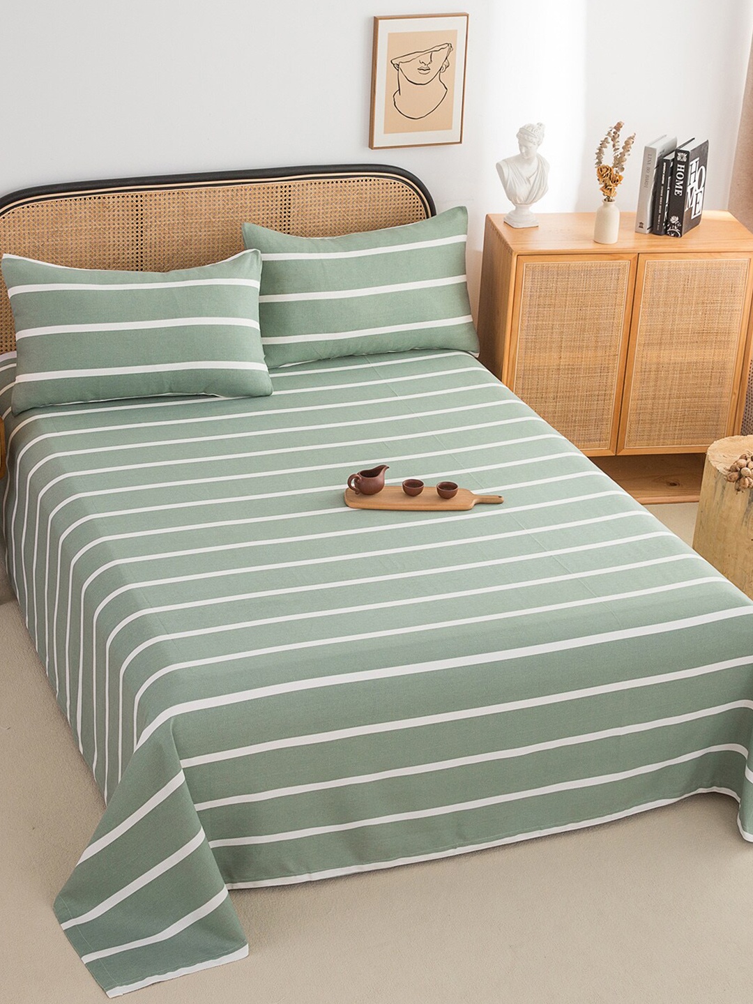

JC Collection Green & White Striped 220 TC Pure Cotton Queen Bedsheet With 2 Pillow Covers