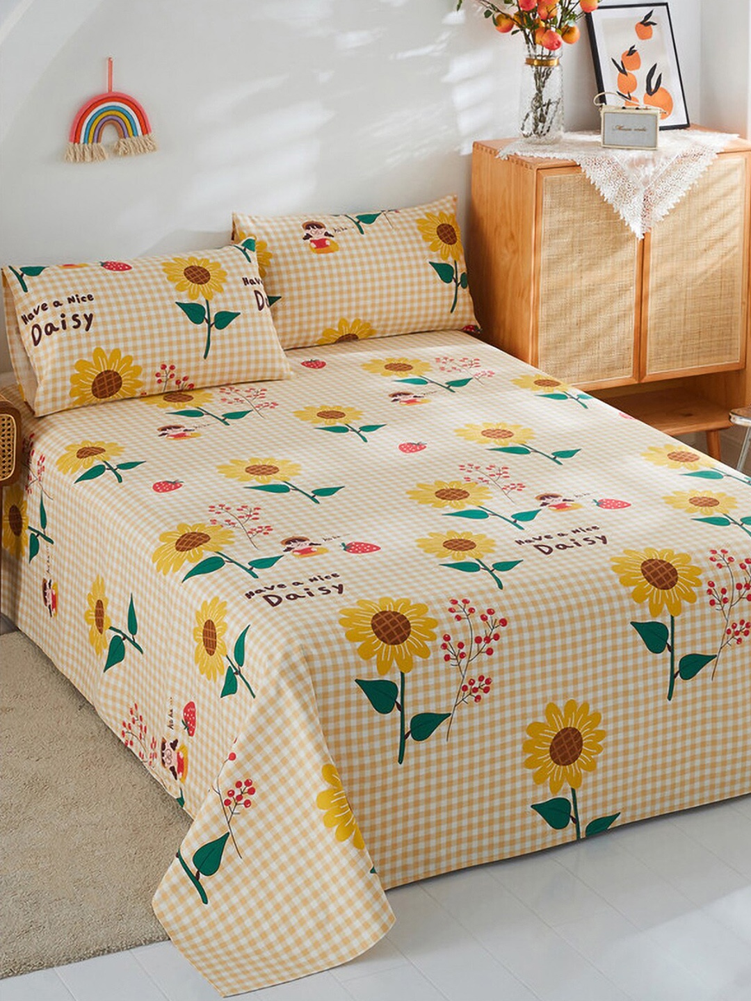 

JC Collection Yellow & Green Floral Printed 186 TC Cotton Queen Bedsheet & Pillow Covers