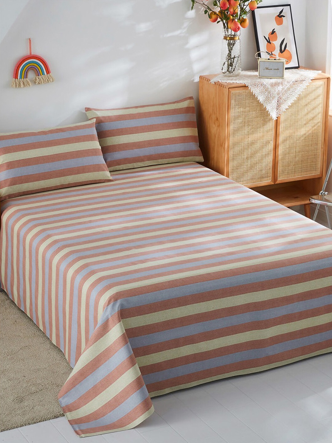 

JC Collection Rust & Blue Striped 186 TC Pure Cotton King Bedsheet With 2 Pillow Covers
