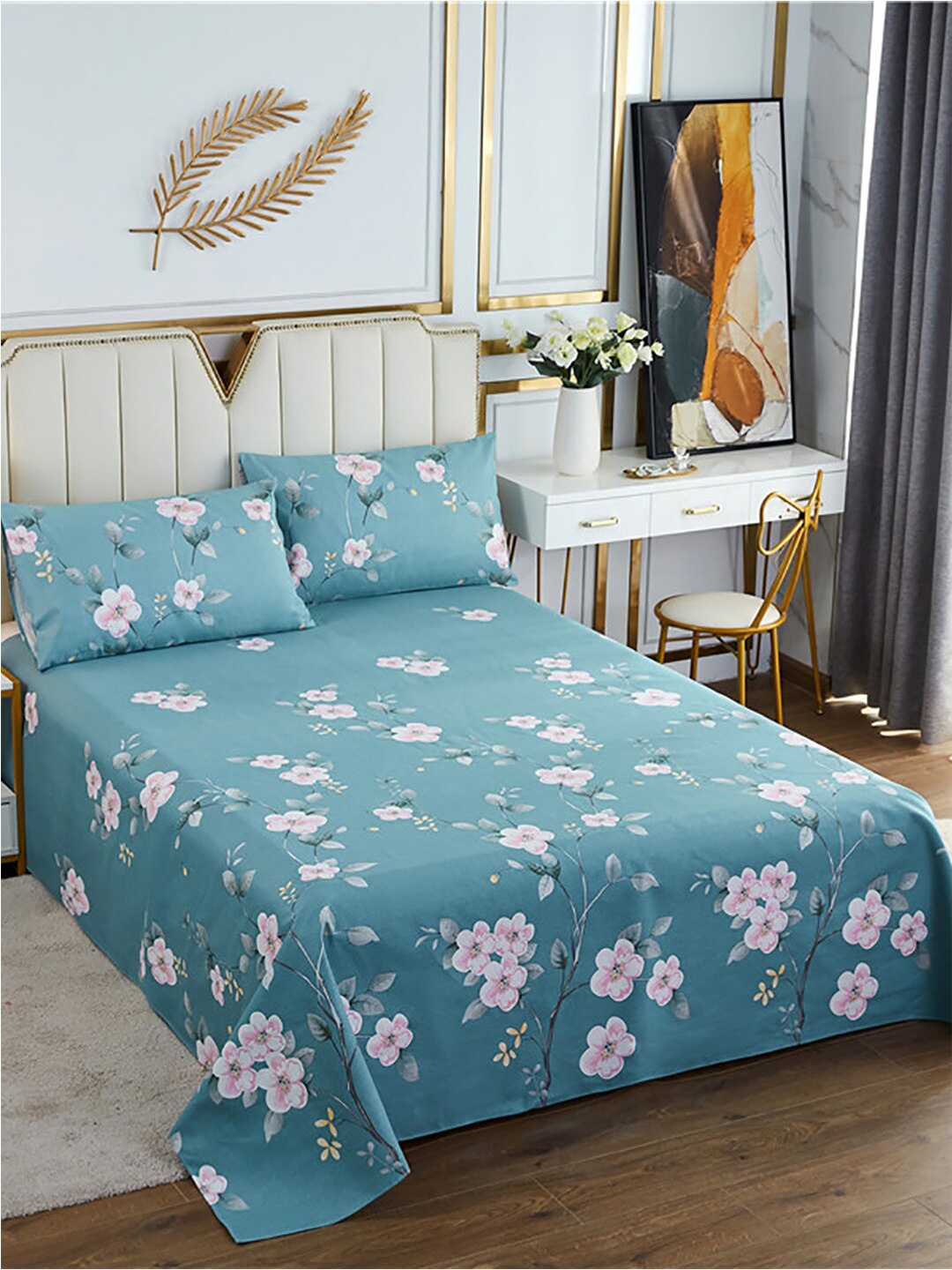 

JC HOME Blue & Pink Floral Printed 186 TC Cotton Queen Bedsheet & Pillow Covers