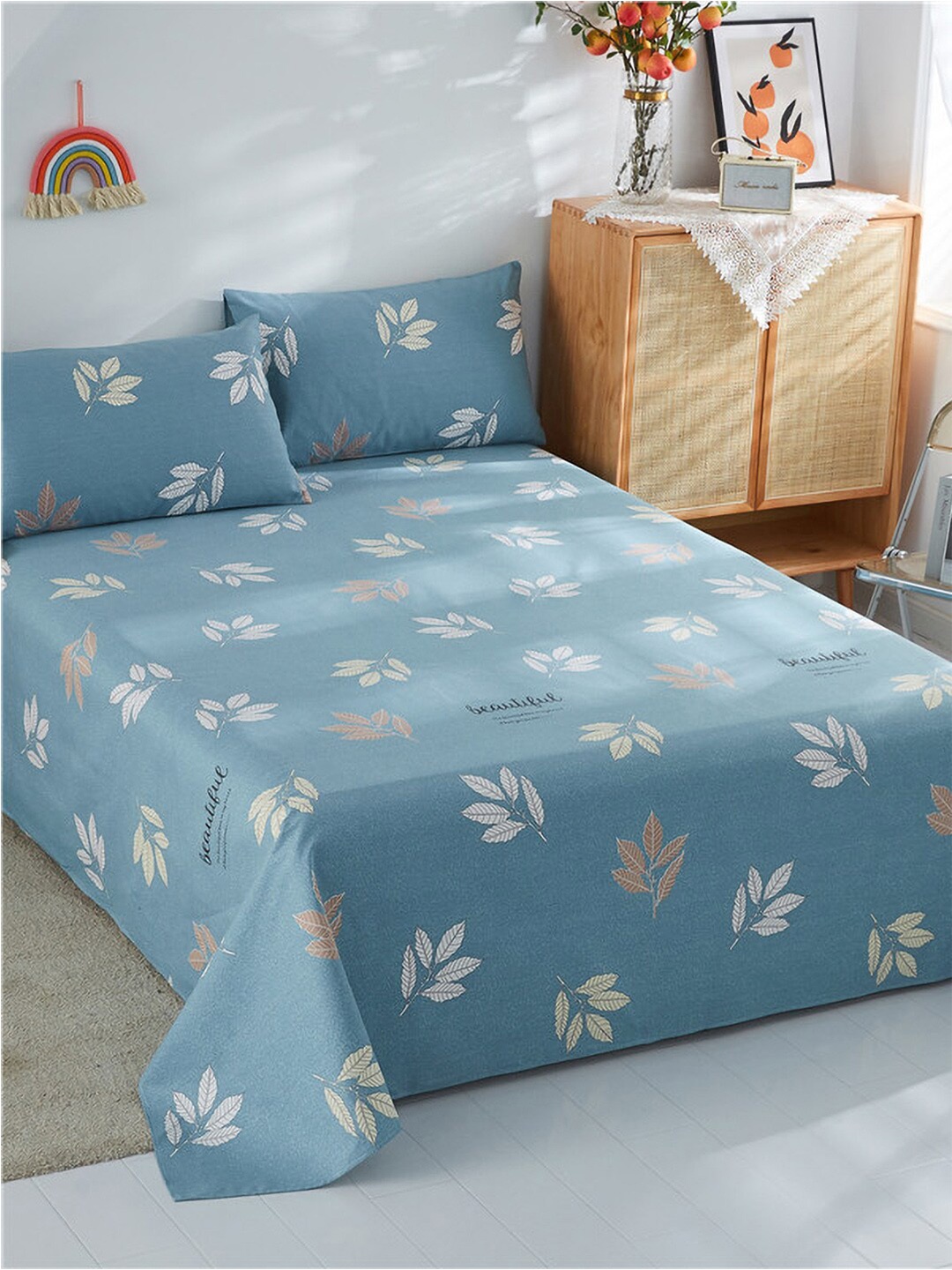 

JC HOME Blue Floral 186 TC Cotton King Bedsheet & Pillow Covers