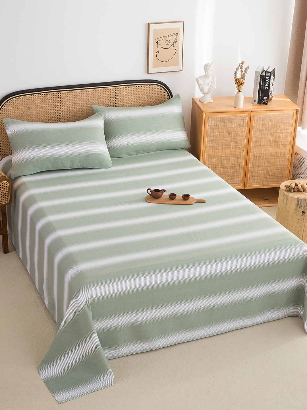 

JC Collection Green & White Striped 220 TC Pure Cotton Queen Bedsheet With 2 Pillow Covers