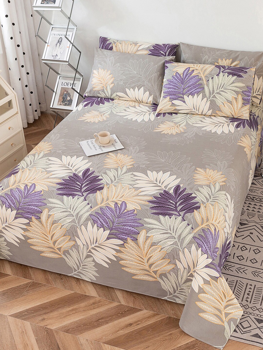 

JC HOME Grey & Purple Floral 220 TC Pure Cotton King Bedsheet With 2 Pillow Covers