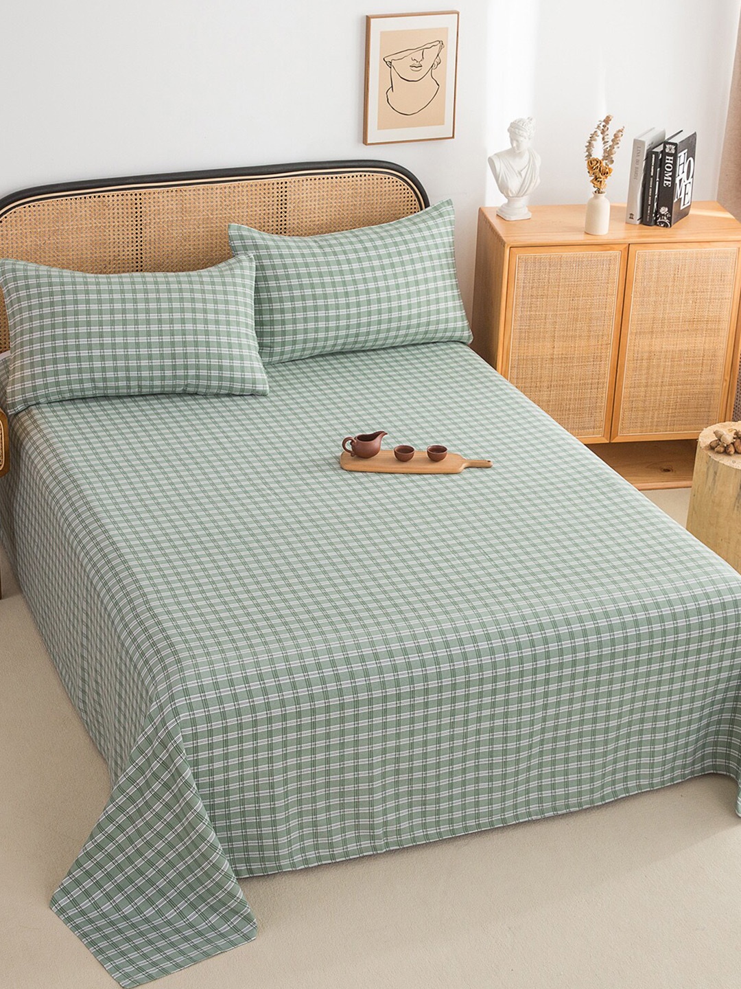 

JC HOME Green & White Geometric 220 TC Pure Cotton Single Bedsheet & 1 Pillow Cover