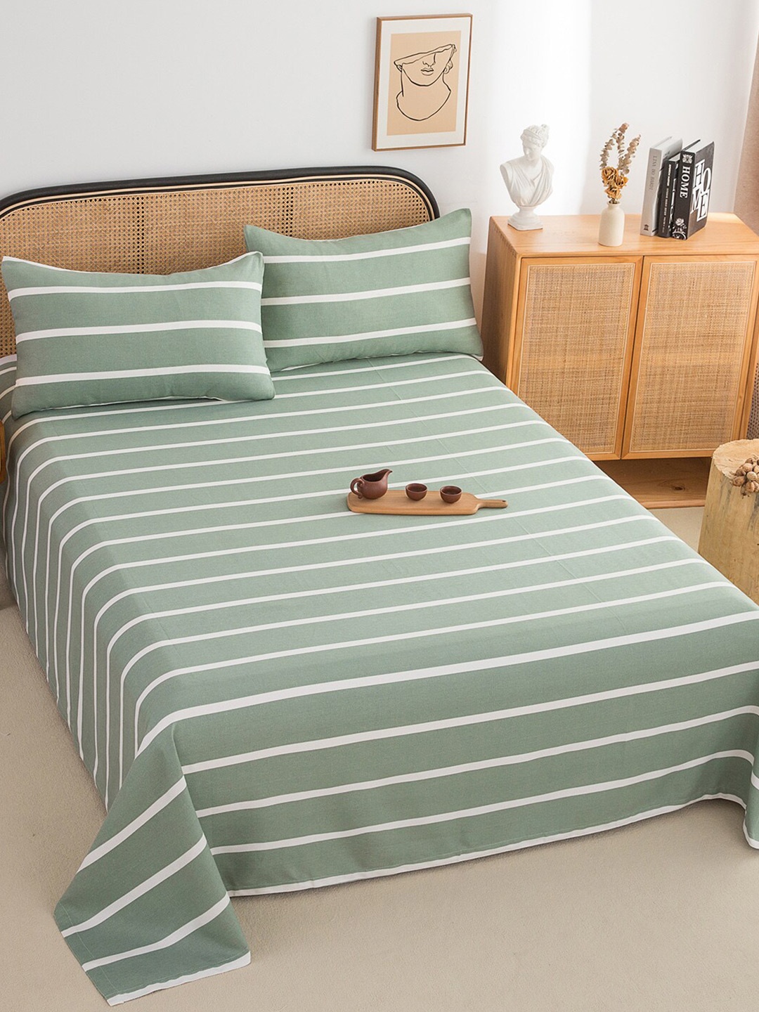 

JC Collection Green Striped 220 TC Cotton King Bedsheet & Pillow Covers