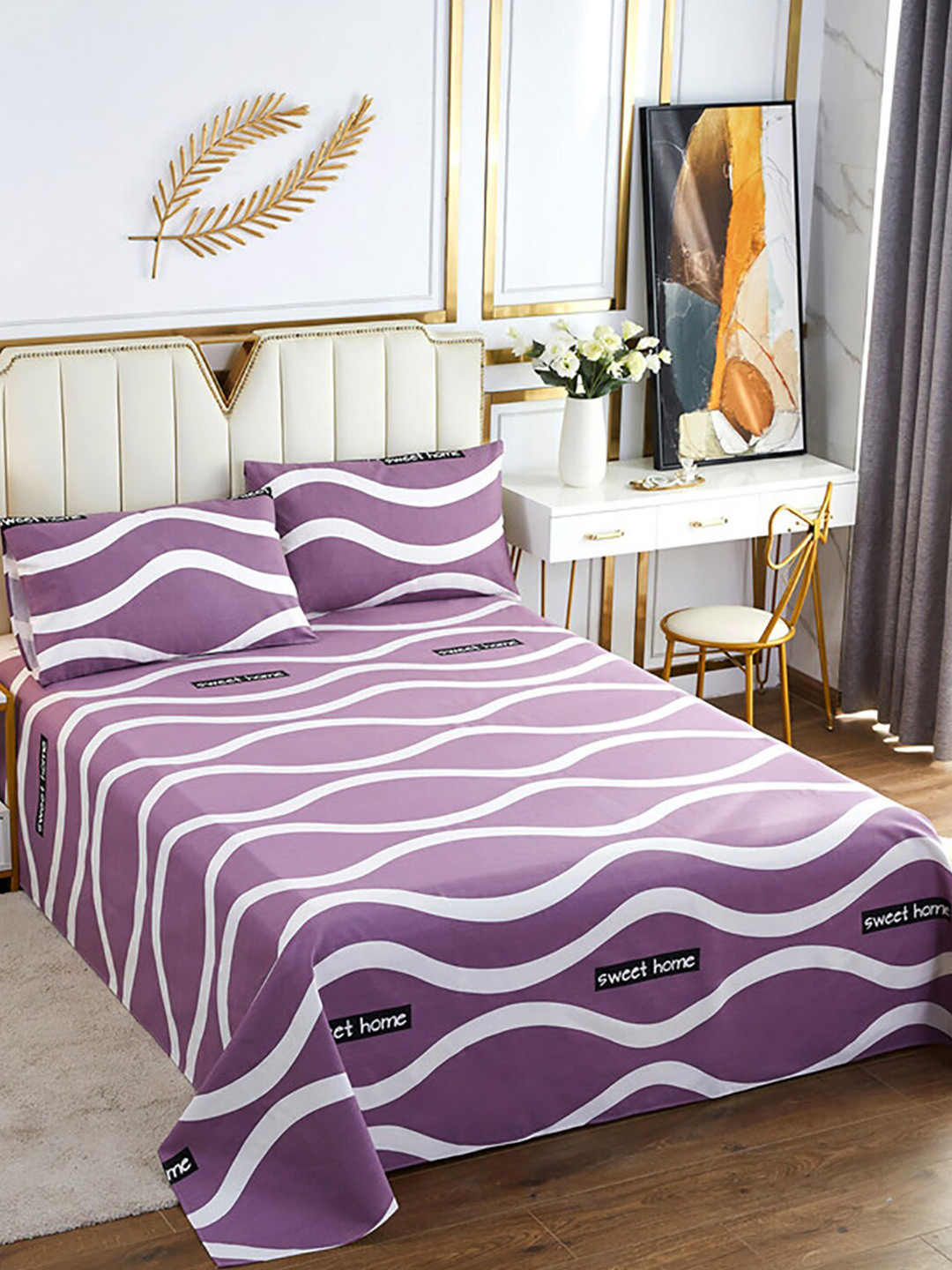 

JC Collection Purple & White Striped 186 TC Cotton King Bedsheet & Pillow Covers