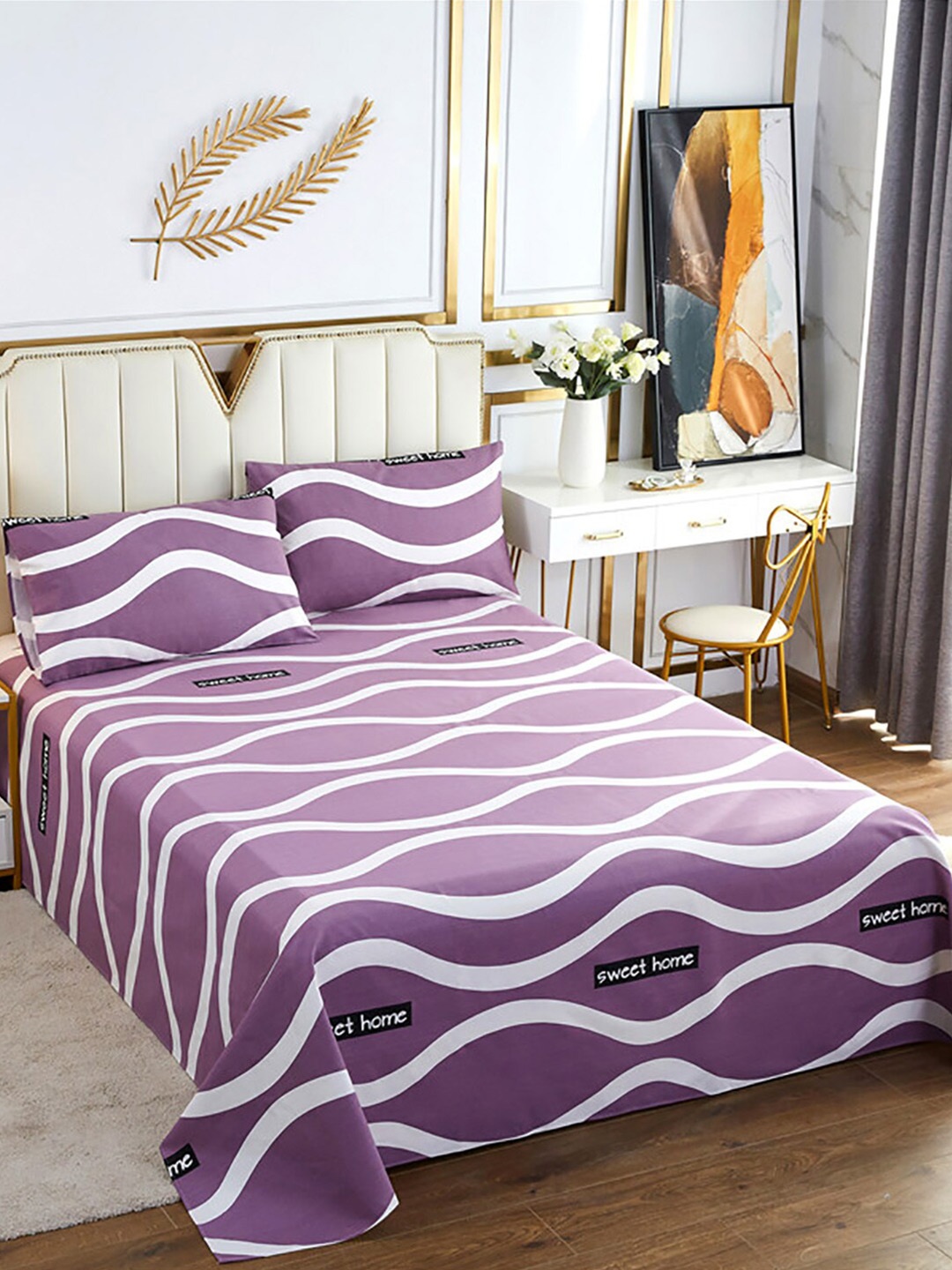 

JC Collection Purple & White Striped 186 TC Cotton Queen Bedsheet & Pillow Covers