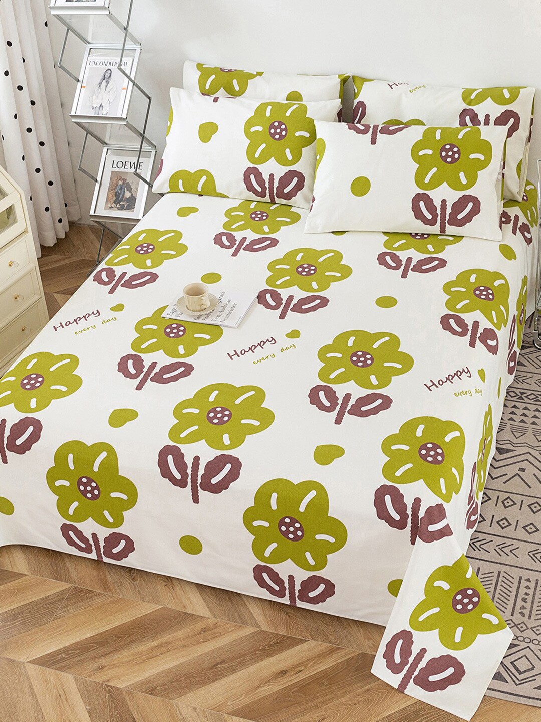 

JC Collection White & Green Floral 220 TC Cotton King Bedsheet & Pillow Covers