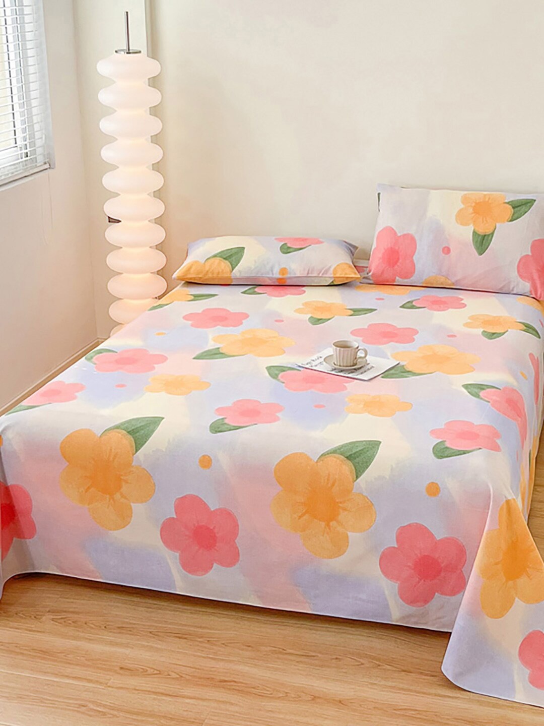 

JC Collection Blue & Pink Floral 186 TC Cotton King Bedsheet & Pillow Covers